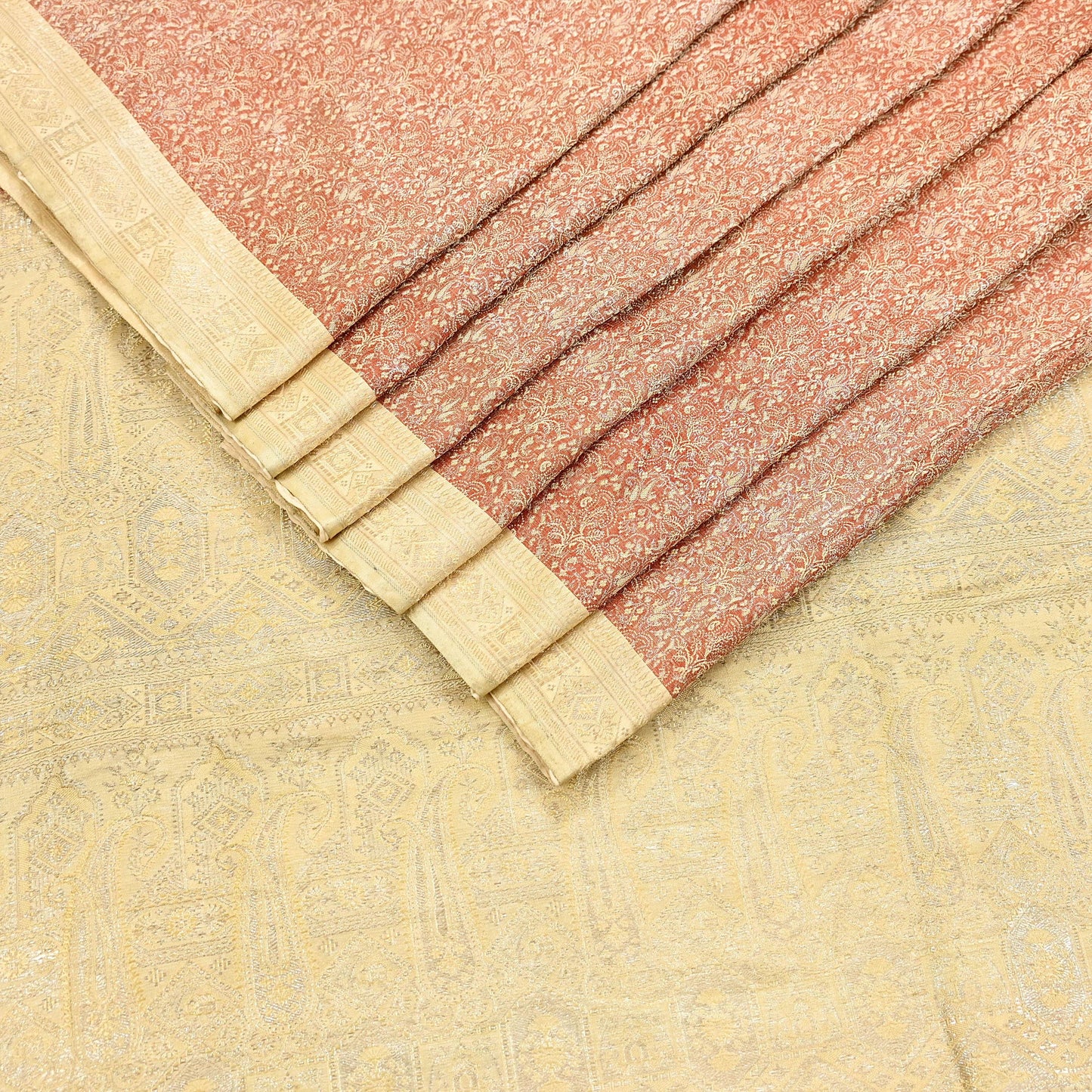 Indian Vintage Sari Rusty & beige Heavy Pure Satin Silk Woven Banarasi Tanchoi Saree 5Yd Ethnic Craft Fabric Upcycle Bridal Heavy Sarees