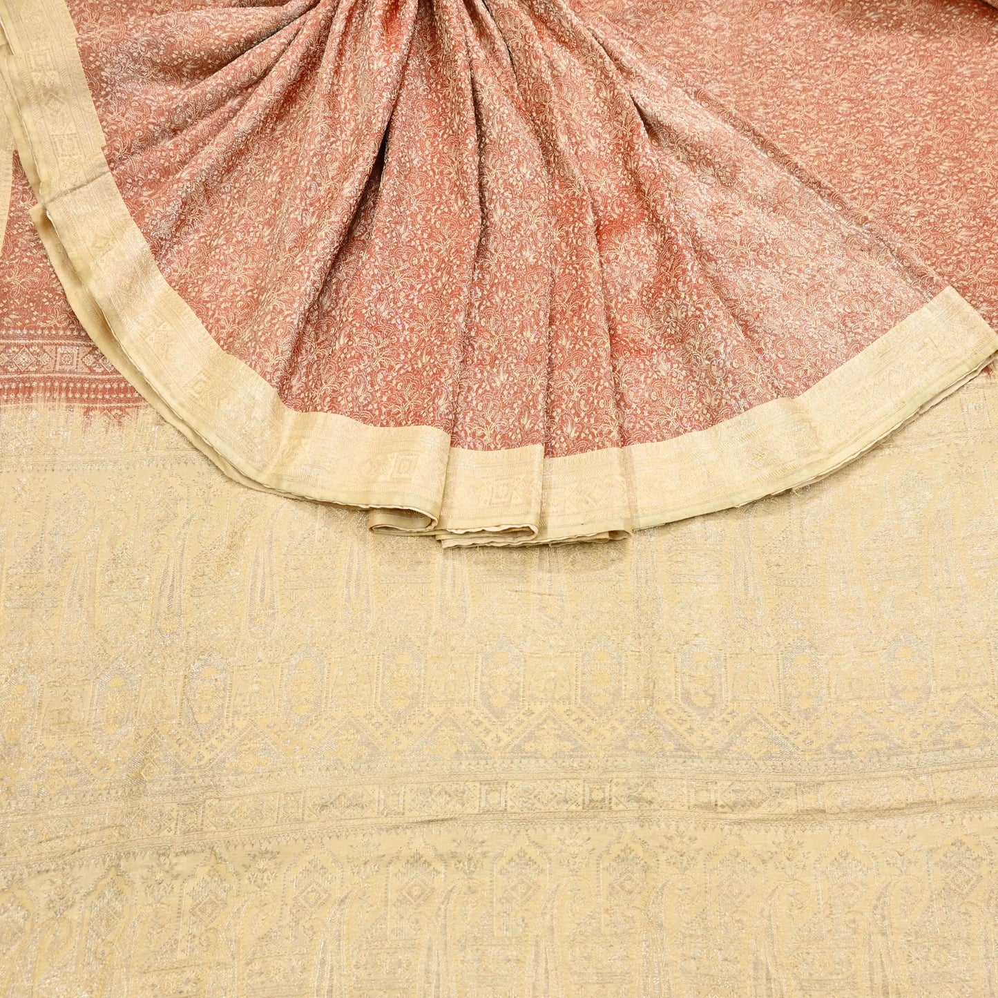 Indian Vintage Sari Rusty & beige Heavy Pure Satin Silk Woven Banarasi Tanchoi Saree 5Yd Ethnic Craft Fabric Upcycle Bridal Heavy Sarees