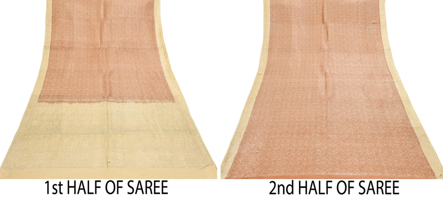 Indian Vintage Sari Rusty & beige Heavy Pure Satin Silk Woven Banarasi Tanchoi Saree 5Yd Ethnic Craft Fabric Upcycle Bridal Heavy Sarees