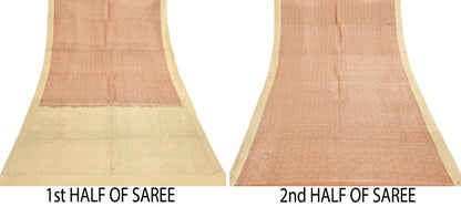 Indian Vintage Sari Rusty & beige Heavy Pure Satin Silk Woven Banarasi Tanchoi Saree 5Yd Ethnic Craft Fabric Upcycle Bridal Heavy Sarees
