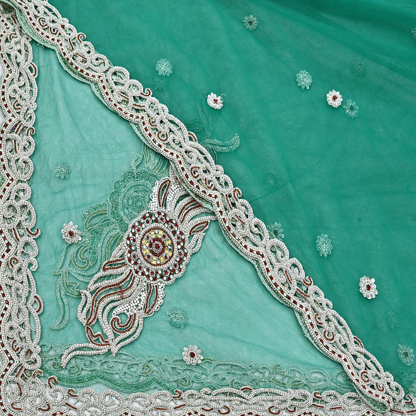 Indian Vintage Heavy Bridal Green Dupatta Net Mesh Long Stole Hand Embroidered Scarves Zardozi Dabka Zari Wedding dupatta veil hijab