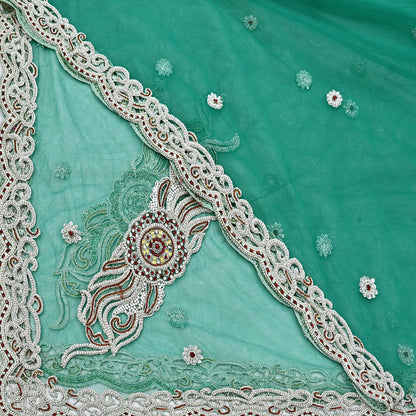 Indian Vintage Heavy Bridal Green Dupatta Net Mesh Long Stole Hand Embroidered Scarves Zardozi Dabka Zari Wedding dupatta veil hijab