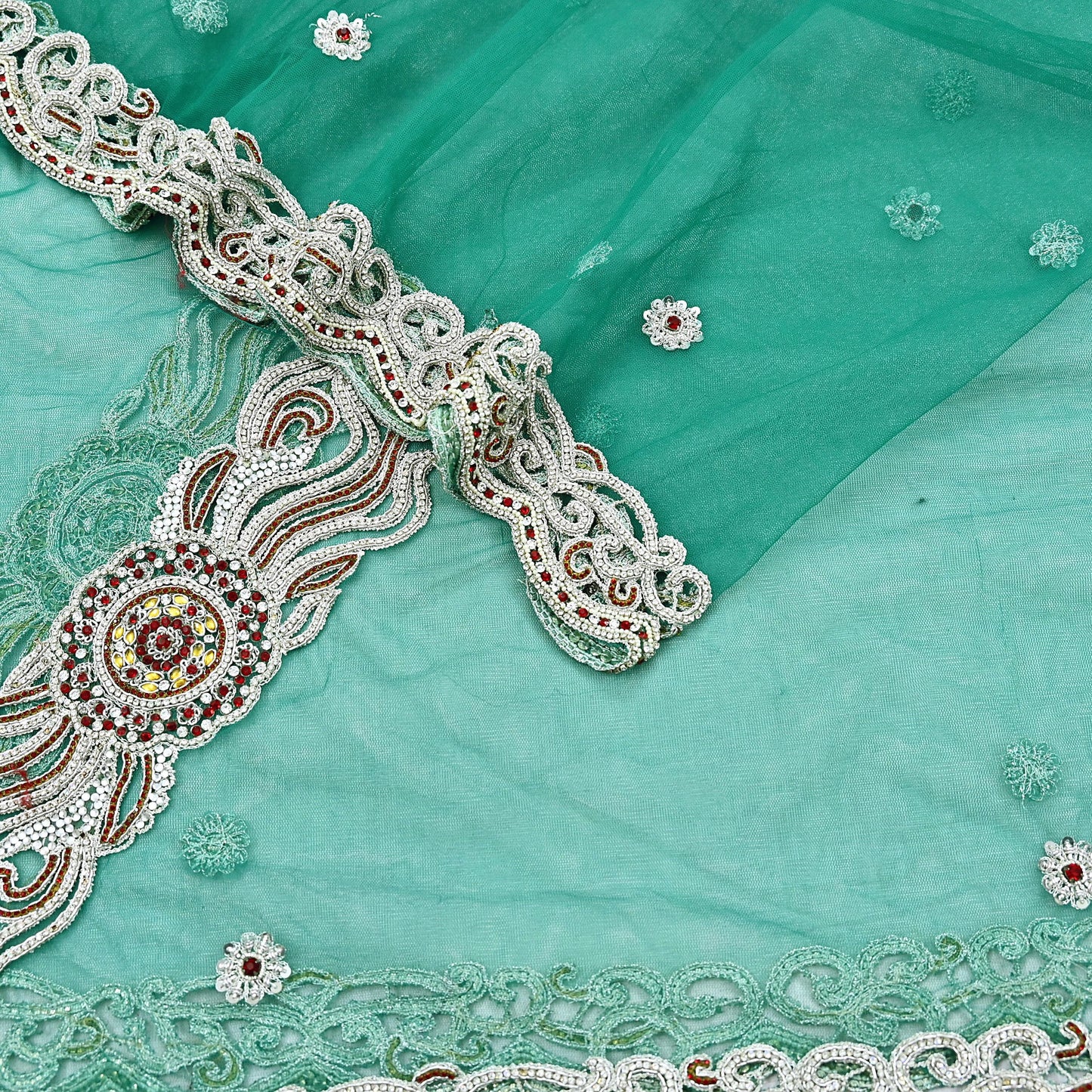 Indian Vintage Heavy Bridal Green Dupatta Net Mesh Long Stole Hand Embroidered Scarves Zardozi Dabka Zari Wedding dupatta veil hijab