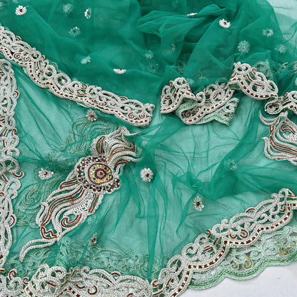 Indian Vintage Heavy Bridal Green Dupatta Net Mesh Long Stole Hand Embroidered Scarves Zardozi Dabka Zari Wedding dupatta veil hijab