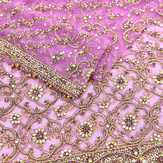 Indian Vintage Heavy Wedding Purple Dupatta Net Mesh Long Stole Hand Embroidered Scarf Zardozi Zari Sequins Stole Bridal Veil