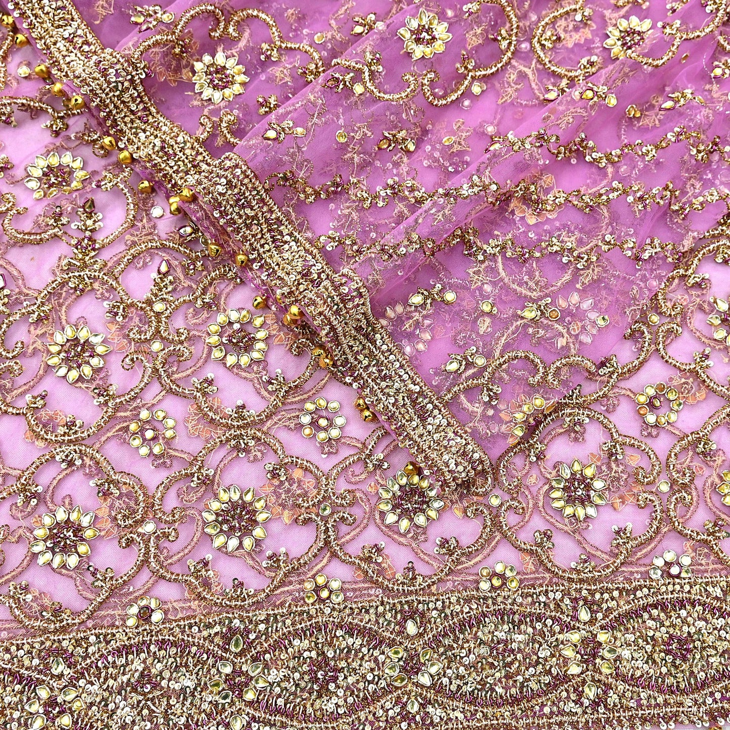 Indian Vintage Heavy Wedding Purple Dupatta Net Mesh Long Stole Hand Embroidered Scarf Zardozi Zari Sequins Stole Bridal Veil