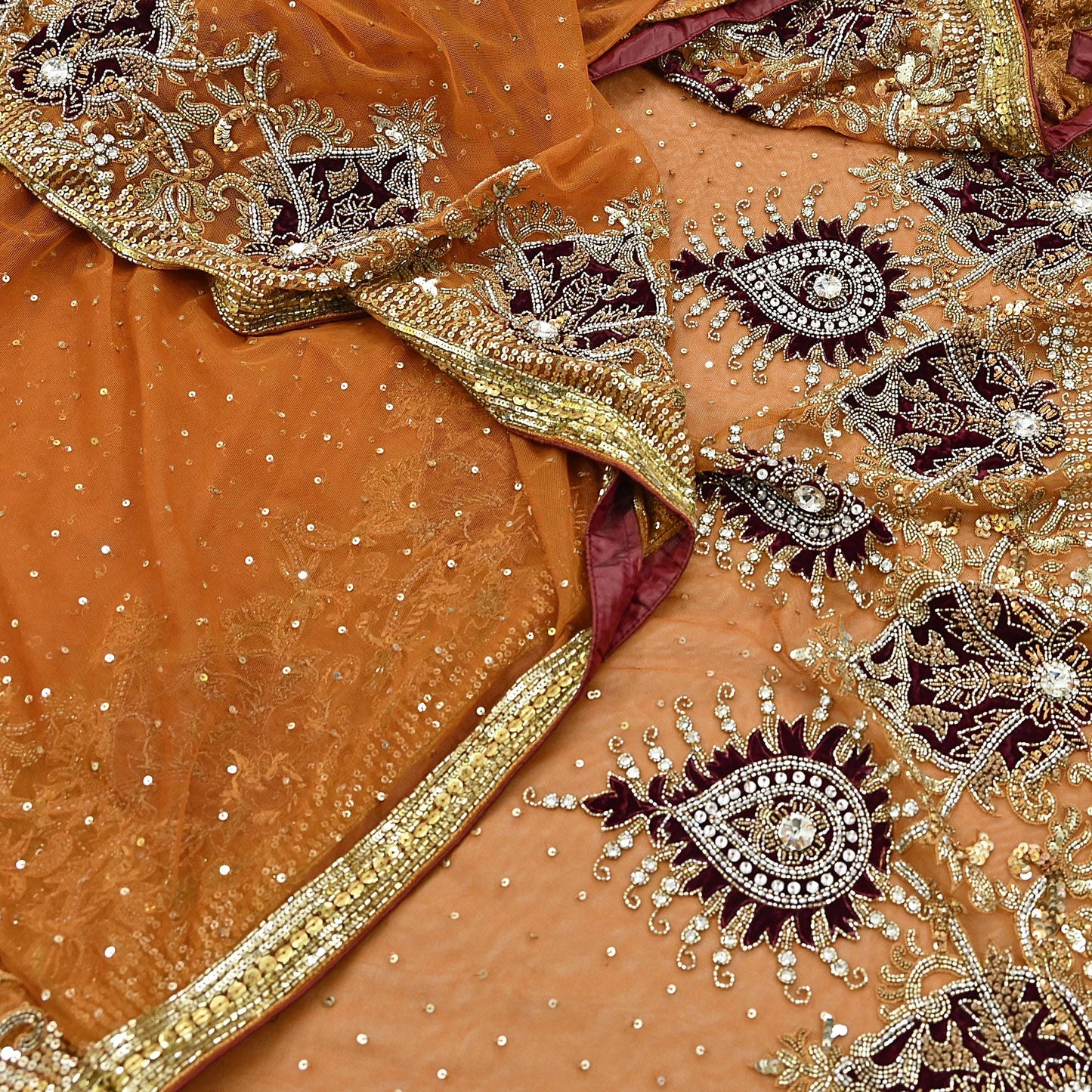 Indian Vintage Heavy Sari Saffron Net/Mesh Hand Embroidered Sarees Craft Fabric 6Yd Sewing Soft Zardozi Wedding sarees With Blouse fabric