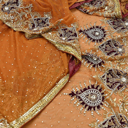 Indian Vintage Heavy Sari Saffron Net/Mesh Hand Embroidered Sarees Craft Fabric 6Yd Sewing Soft Zardozi Wedding sarees With Blouse fabric