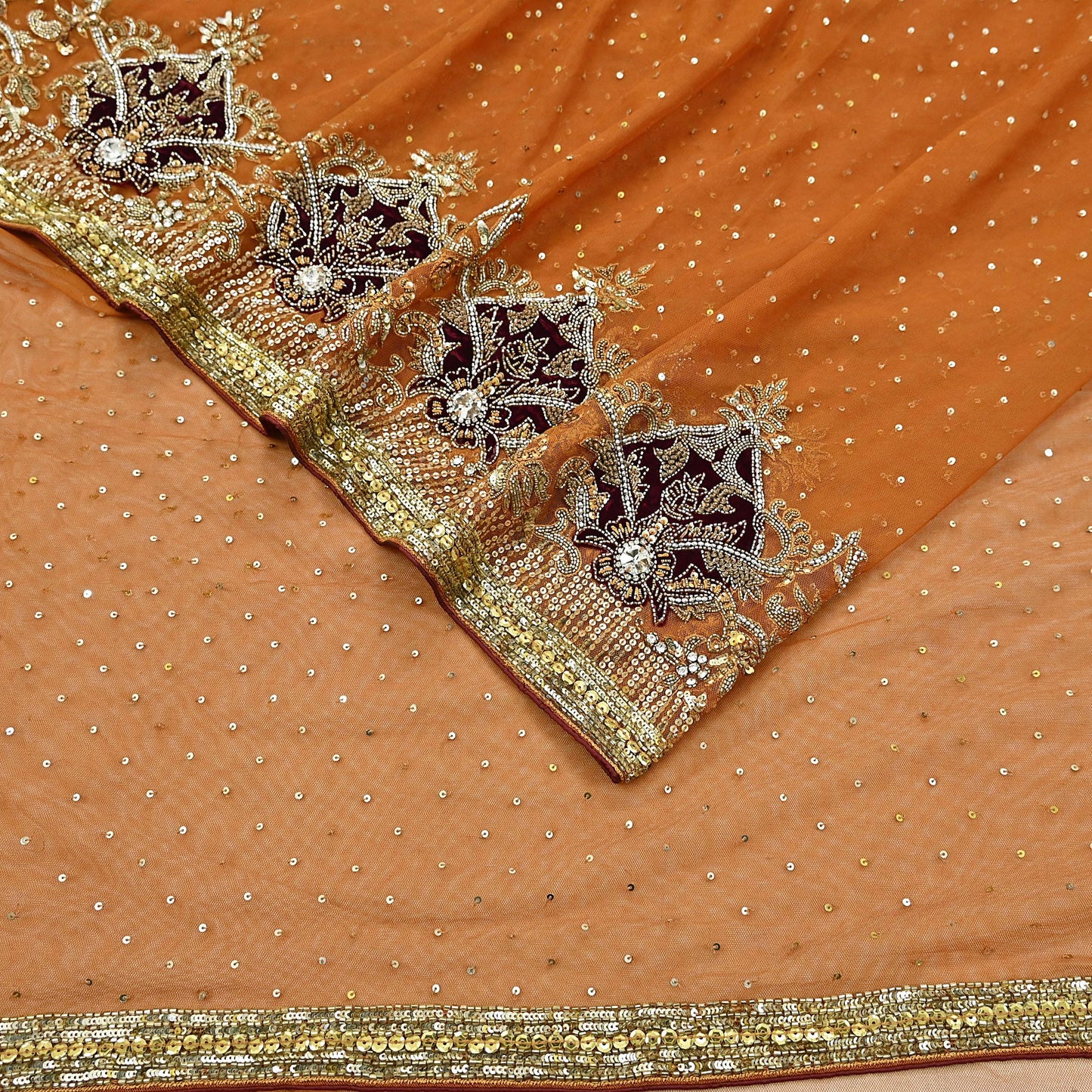 Indian Vintage Heavy Sari Saffron Net/Mesh Hand Embroidered Sarees Craft Fabric 6Yd Sewing Soft Zardozi Wedding sarees With Blouse fabric