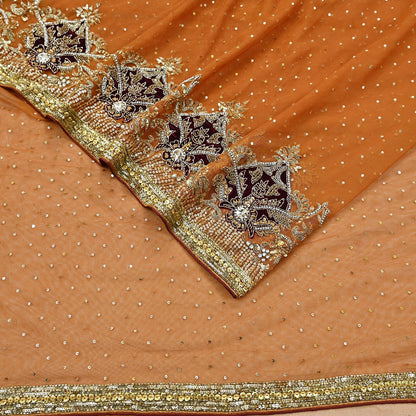 Indian Vintage Heavy Sari Saffron Net/Mesh Hand Embroidered Sarees Craft Fabric 6Yd Sewing Soft Zardozi Wedding sarees With Blouse fabric