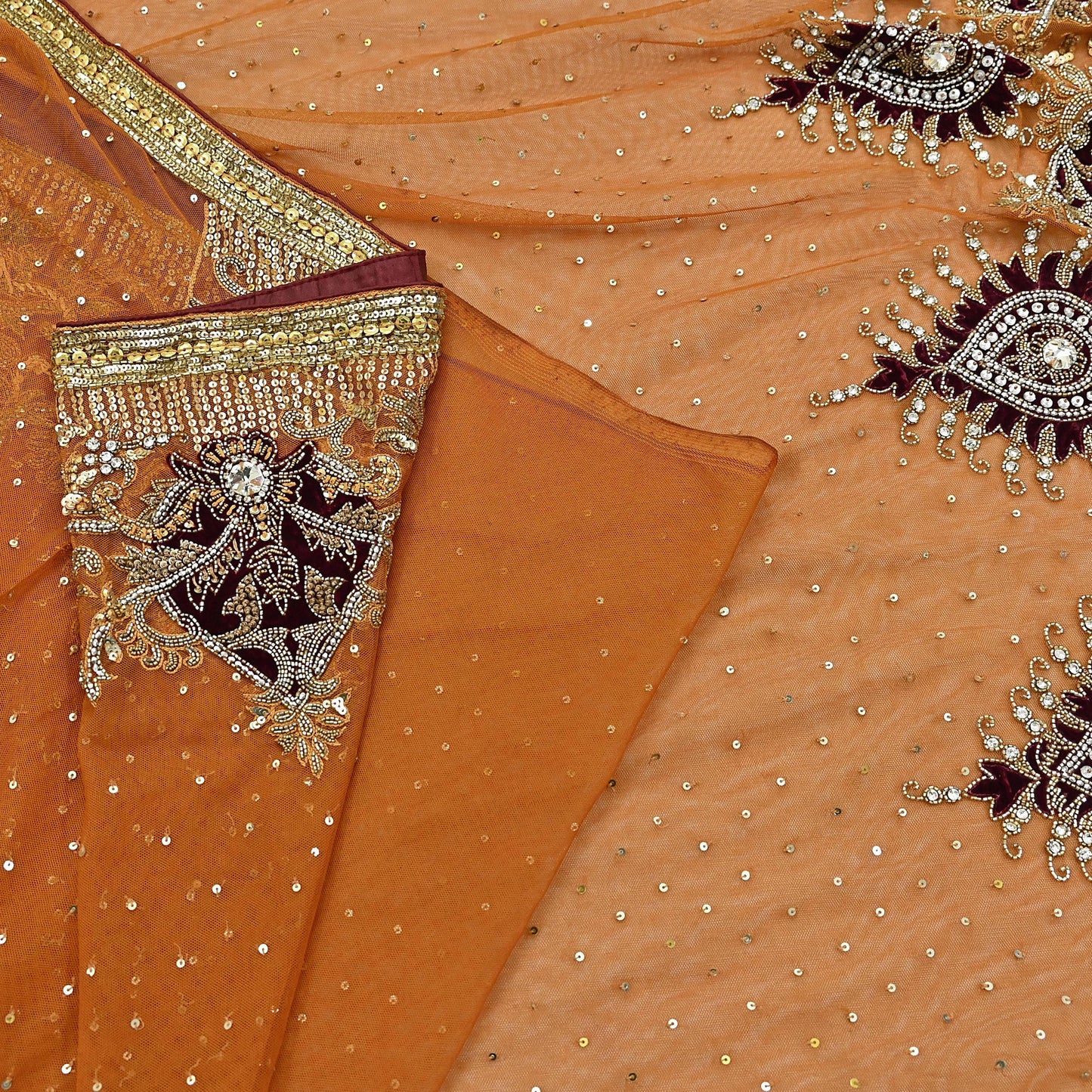 Indian Vintage Heavy Sari Saffron Net/Mesh Hand Embroidered Sarees Craft Fabric 6Yd Sewing Soft Zardozi Wedding sarees With Blouse fabric