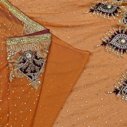 Indian Vintage Heavy Sari Saffron Net/Mesh Hand Embroidered Sarees Craft Fabric 6Yd Sewing Soft Zardozi Wedding sarees With Blouse fabric