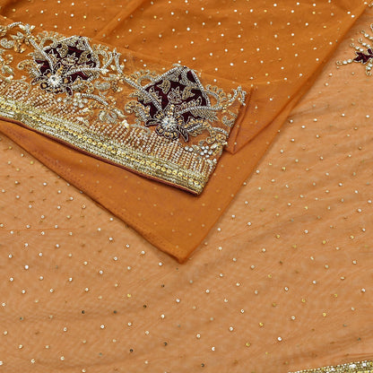 Indian Vintage Heavy Sari Saffron Net/Mesh Hand Embroidered Sarees Craft Fabric 6Yd Sewing Soft Zardozi Wedding sarees With Blouse fabric