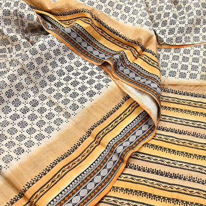Indian Vintage Saree Ivory & Saffron Pure Khadi Silk Handloom Hand woven Sari Fabric 5yard Ethnic Dressmaking Crafting Upcycle Quilting