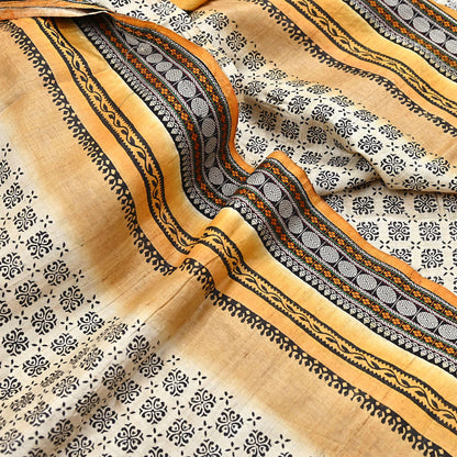 Indian Vintage Saree Ivory & Saffron Pure Khadi Silk Handloom Hand woven Sari Fabric 5yard Ethnic Dressmaking Crafting Upcycle Quilting