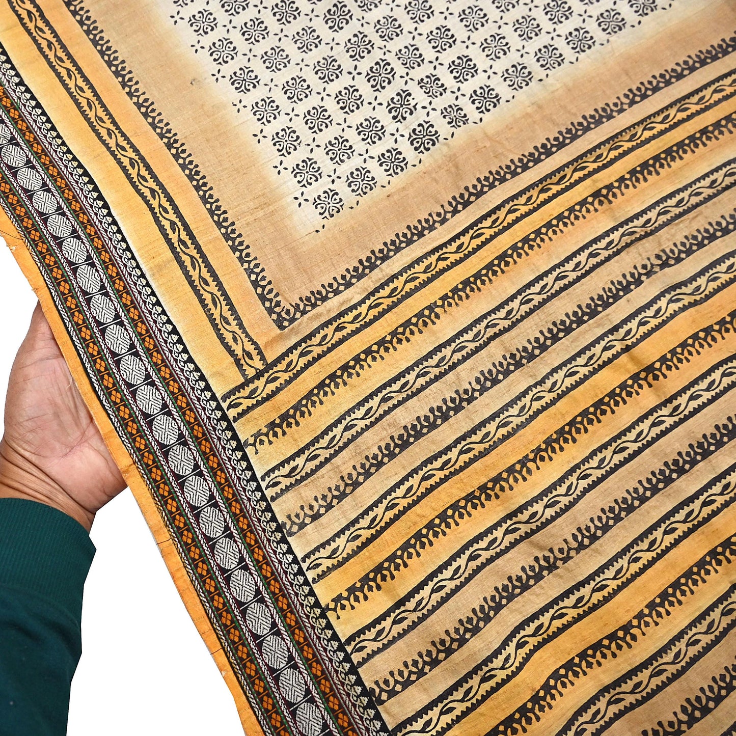 Indian Vintage Saree Ivory & Saffron Pure Khadi Silk Handloom Hand woven Sari Fabric 5yard Ethnic Dressmaking Crafting Upcycle Quilting