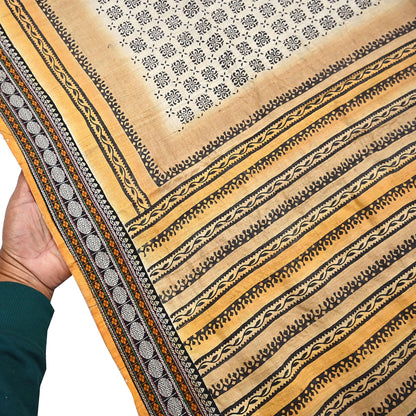 Indian Vintage Saree Ivory & Saffron Pure Khadi Silk Handloom Hand woven Sari Fabric 5yard Ethnic Dressmaking Crafting Upcycle Quilting