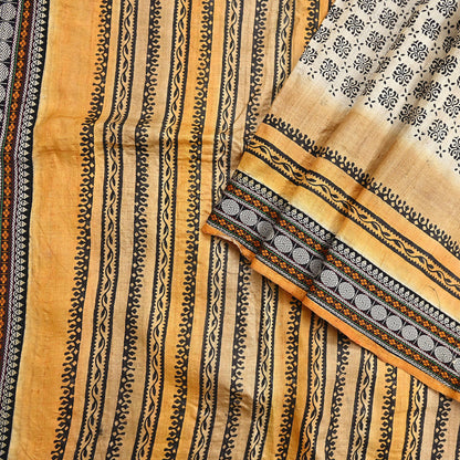 Indian Vintage Saree Ivory & Saffron Pure Khadi Silk Handloom Hand woven Sari Fabric 5yard Ethnic Dressmaking Crafting Upcycle Quilting
