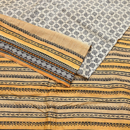 Indian Vintage Saree Ivory & Saffron Pure Khadi Silk Handloom Hand woven Sari Fabric 5yard Ethnic Dressmaking Crafting Upcycle Quilting