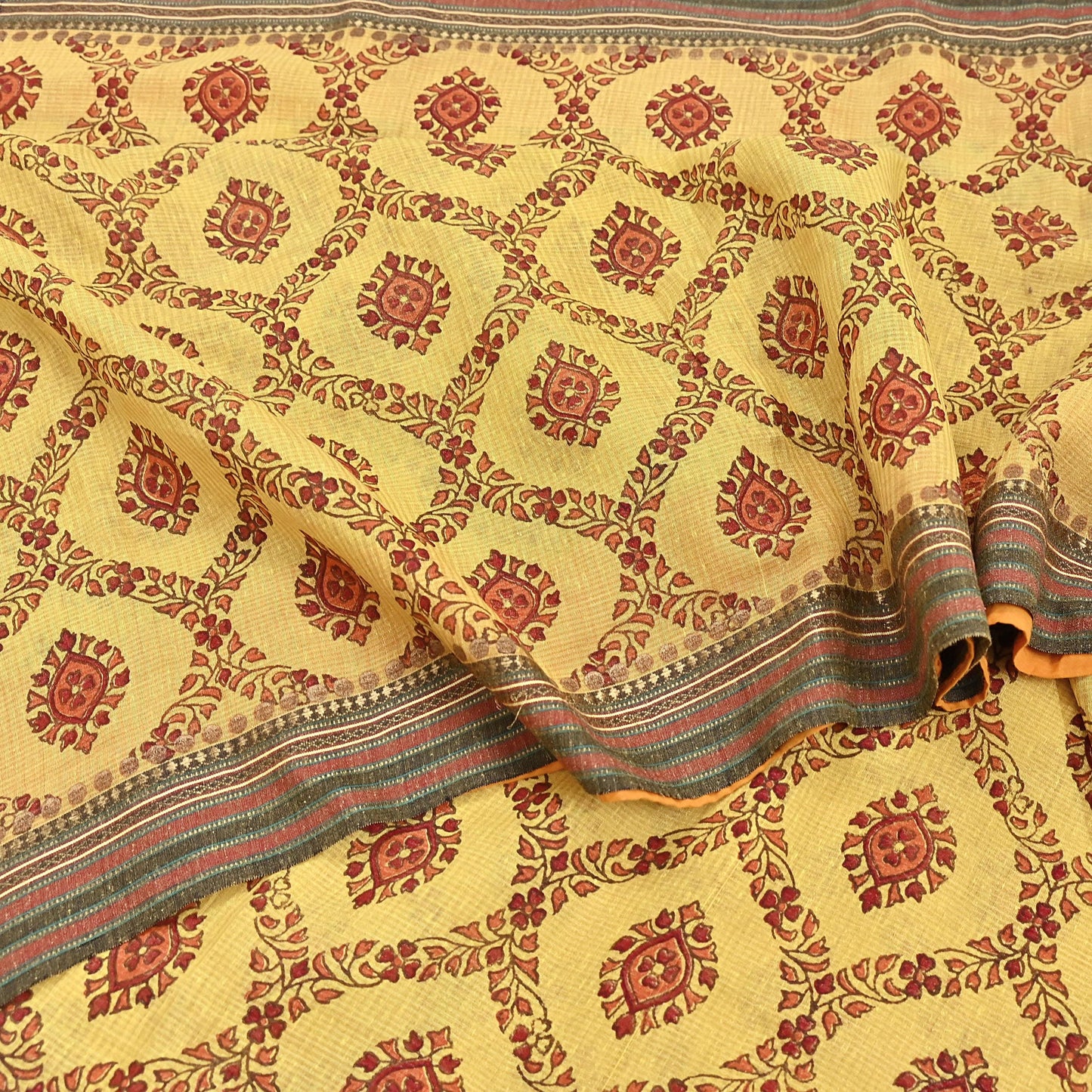 Vintage Yellow Khadi Silk Saree Handloom Pure Silk Printed Fabric 6Yd Indian Ethnic Craft Material Dressmaking Textile