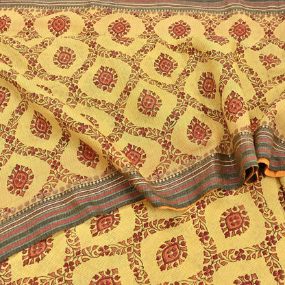 Vintage Yellow Khadi Silk Saree Handloom Pure Silk Printed Fabric 6Yd Indian Ethnic Craft Material Dressmaking Textile