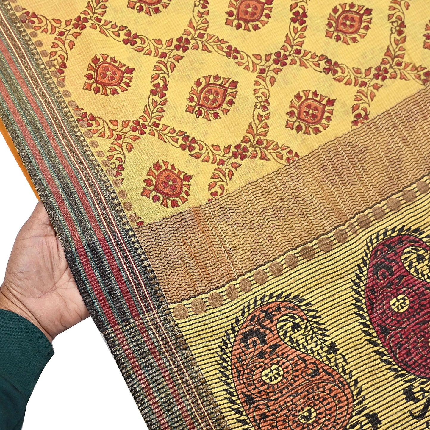Vintage Yellow Khadi Silk Saree Handloom Pure Silk Printed Fabric 6Yd Indian Ethnic Craft Material Dressmaking Textile