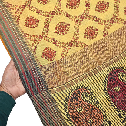 Vintage Yellow Khadi Silk Saree Handloom Pure Silk Printed Fabric 6Yd Indian Ethnic Craft Material Dressmaking Textile