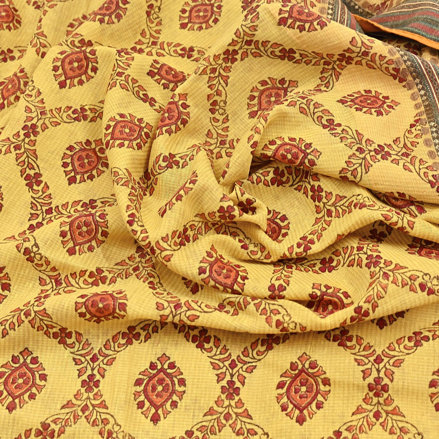 Vintage Yellow Khadi Silk Saree Handloom Pure Silk Printed Fabric 6Yd Indian Ethnic Craft Material Dressmaking Textile