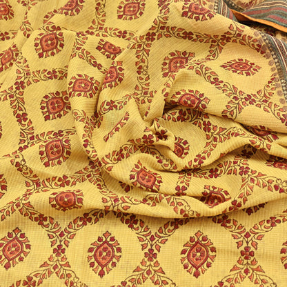 Vintage Yellow Khadi Silk Saree Handloom Pure Silk Printed Fabric 6Yd Indian Ethnic Craft Material Dressmaking Textile