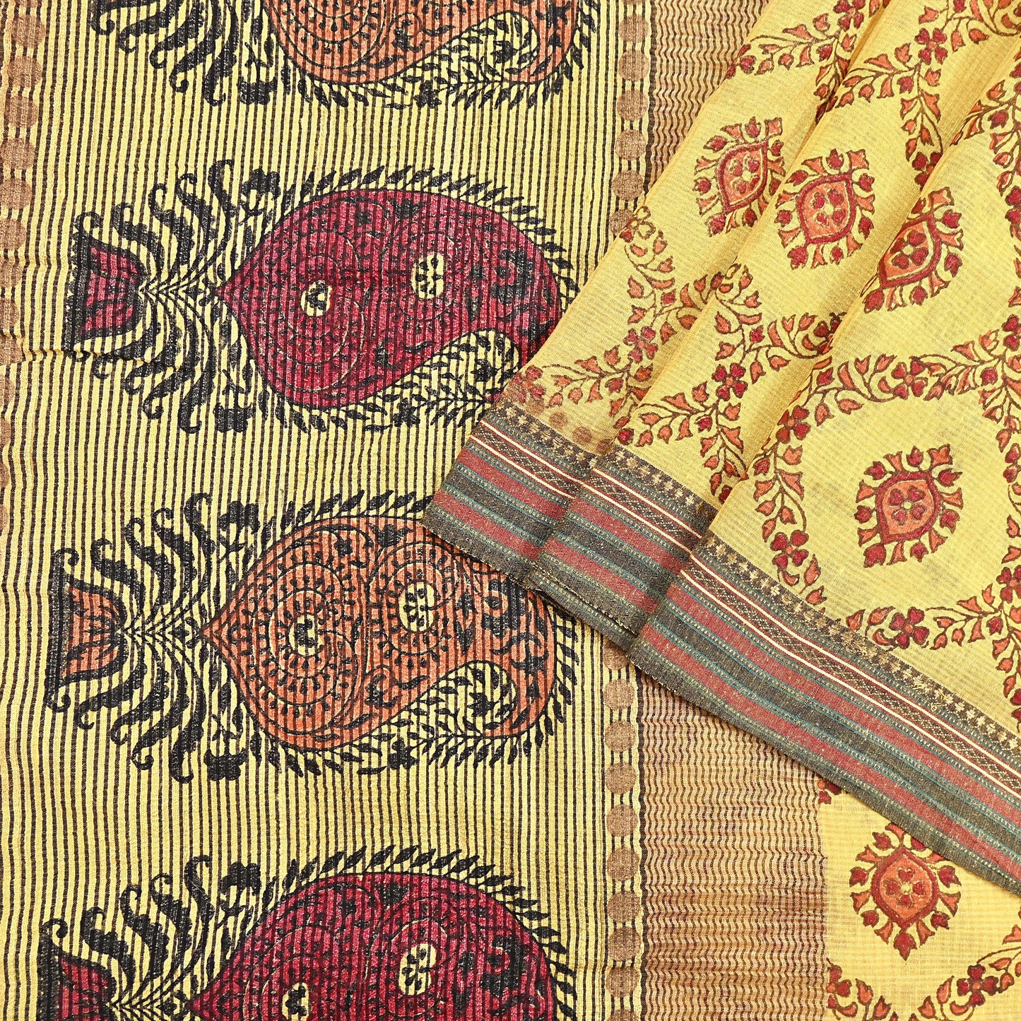 Vintage Yellow Khadi Silk Saree Handloom Pure Silk Printed Fabric 6Yd Indian Ethnic Craft Material Dressmaking Textile