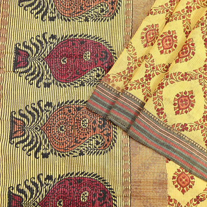 Vintage Yellow Khadi Silk Saree Handloom Pure Silk Printed Fabric 6Yd Indian Ethnic Craft Material Dressmaking Textile