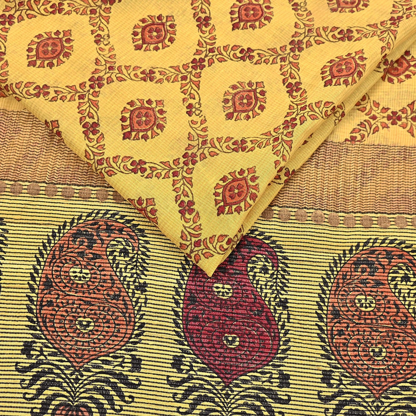 Vintage Yellow Khadi Silk Saree Handloom Pure Silk Printed Fabric 6Yd Indian Ethnic Craft Material Dressmaking Textile