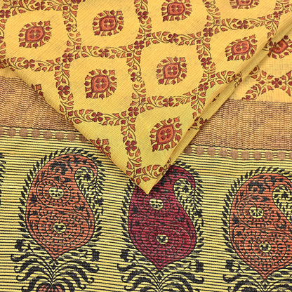 Vintage Yellow Khadi Silk Saree Handloom Pure Silk Printed Fabric 6Yd Indian Ethnic Craft Material Dressmaking Textile