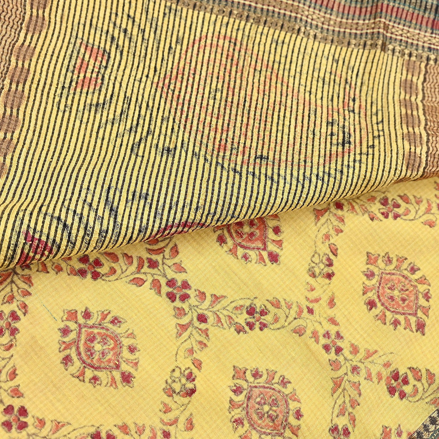 Vintage Yellow Khadi Silk Saree Handloom Pure Silk Printed Fabric 6Yd Indian Ethnic Craft Material Dressmaking Textile
