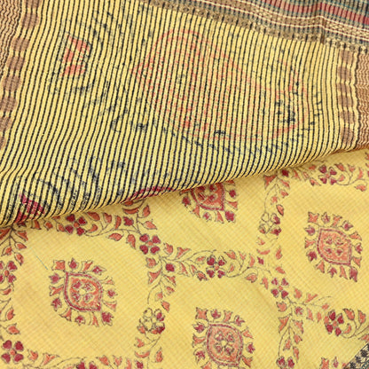 Vintage Yellow Khadi Silk Saree Handloom Pure Silk Printed Fabric 6Yd Indian Ethnic Craft Material Dressmaking Textile