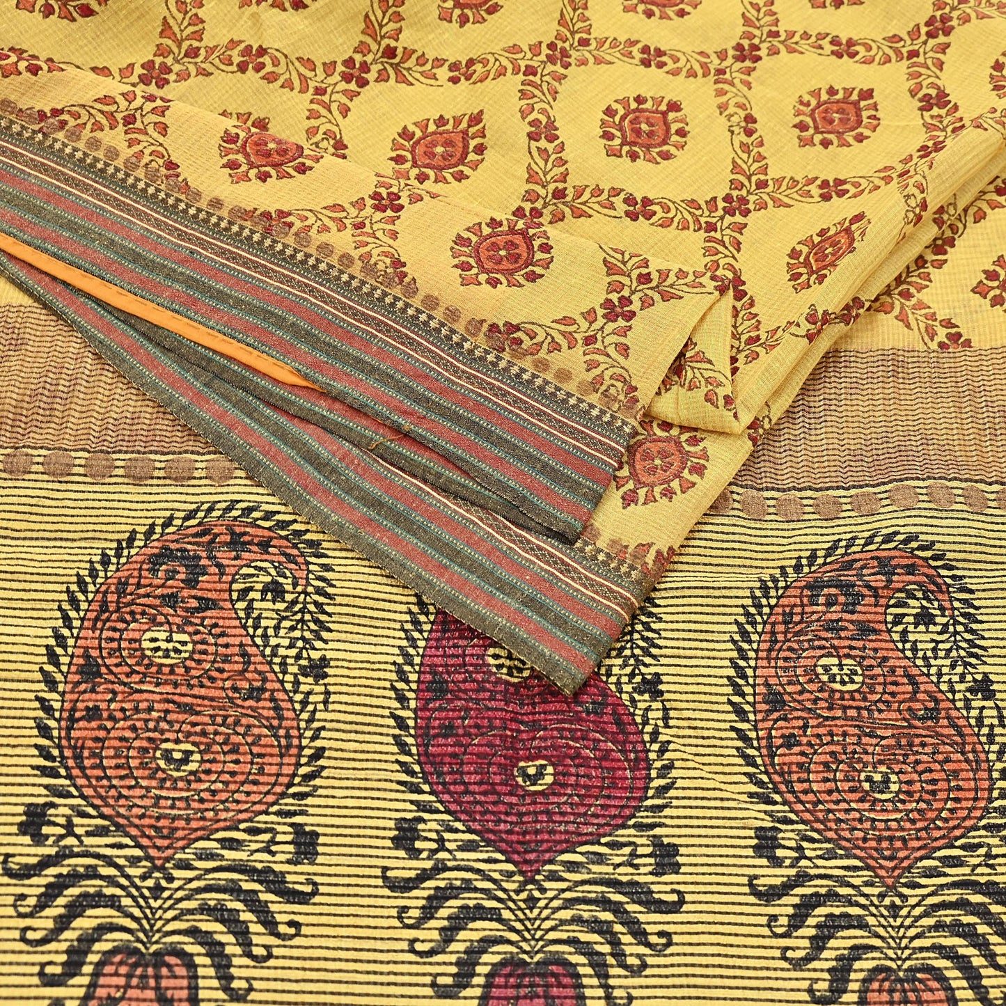 Vintage Yellow Khadi Silk Saree Handloom Pure Silk Printed Fabric 6Yd Indian Ethnic Craft Material Dressmaking Textile