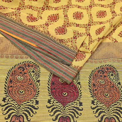 Vintage Yellow Khadi Silk Saree Handloom Pure Silk Printed Fabric 6Yd Indian Ethnic Craft Material Dressmaking Textile