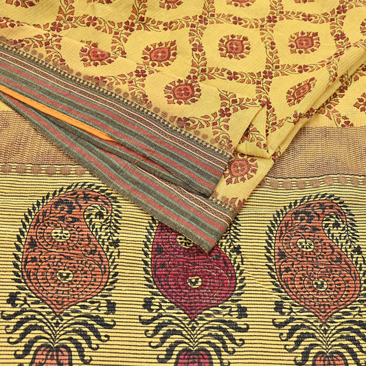 Vintage Yellow Khadi Silk Saree Handloom Pure Silk Printed Fabric 6Yd Indian Ethnic Craft Material Dressmaking Textile