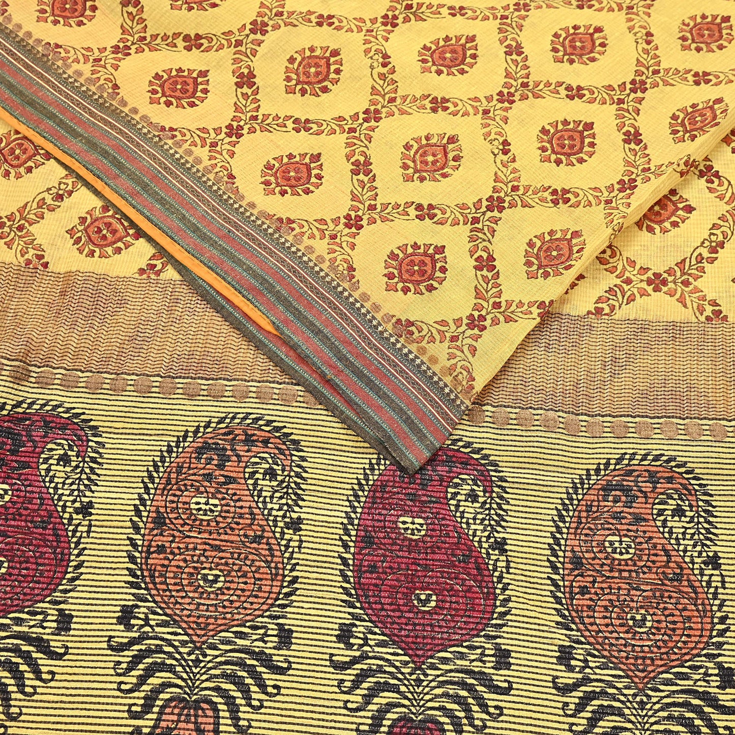 Vintage Yellow Khadi Silk Saree Handloom Pure Silk Printed Fabric 6Yd Indian Ethnic Craft Material Dressmaking Textile