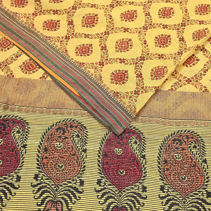 Vintage Yellow Khadi Silk Saree Handloom Pure Silk Printed Fabric 6Yd Indian Ethnic Craft Material Dressmaking Textile
