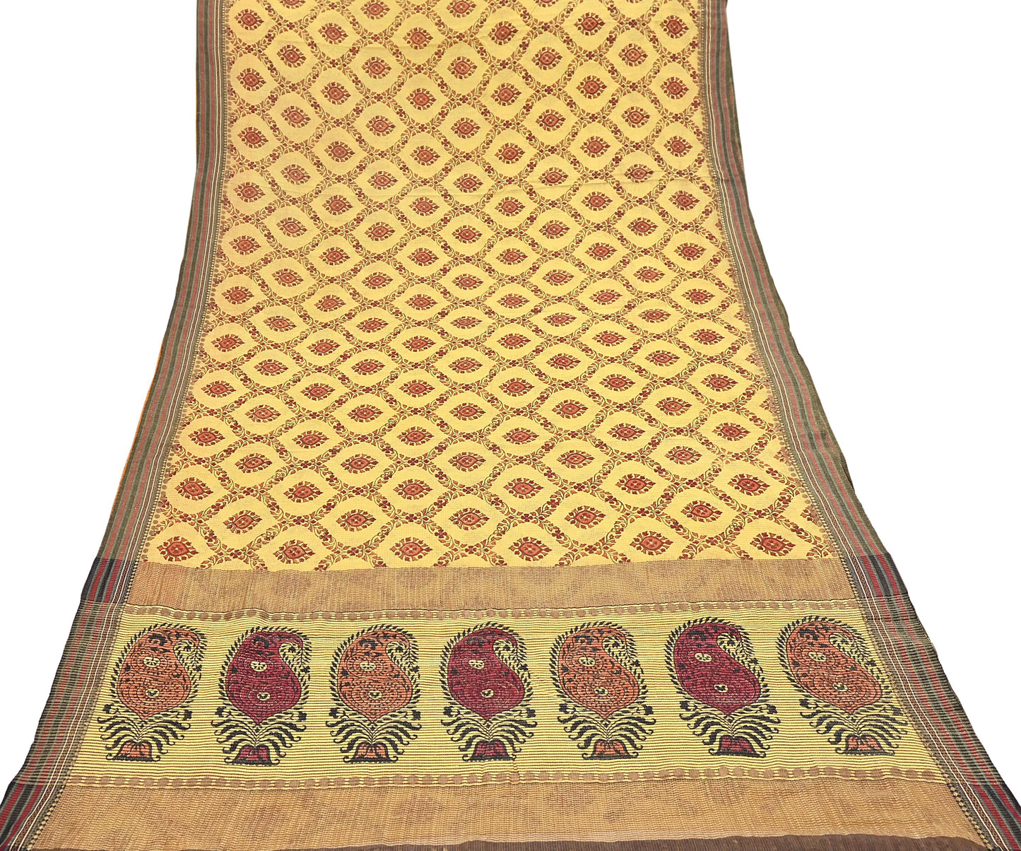 Vintage Yellow Khadi Silk Saree Handloom Pure Silk Printed Fabric 6Yd Indian Ethnic Craft Material Dressmaking Textile