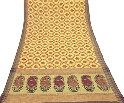 Vintage Yellow Khadi Silk Saree Handloom Pure Silk Printed Fabric 6Yd Indian Ethnic Craft Material Dressmaking Textile