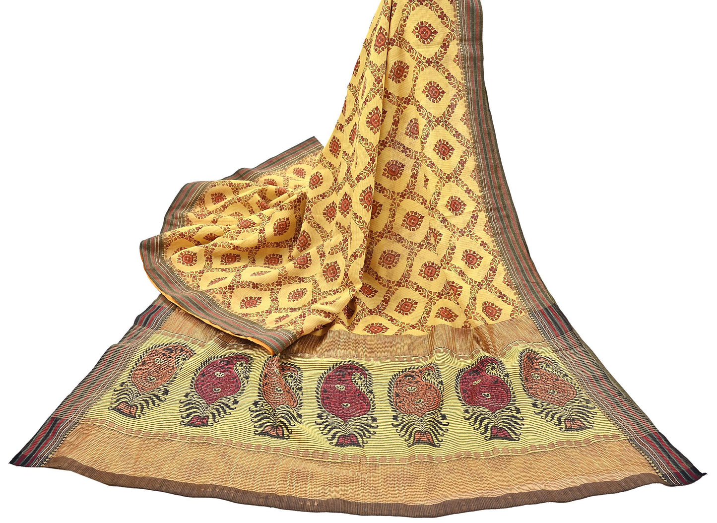 Vintage Yellow Khadi Silk Saree Handloom Pure Silk Printed Fabric 6Yd Indian Ethnic Craft Material Dressmaking Textile