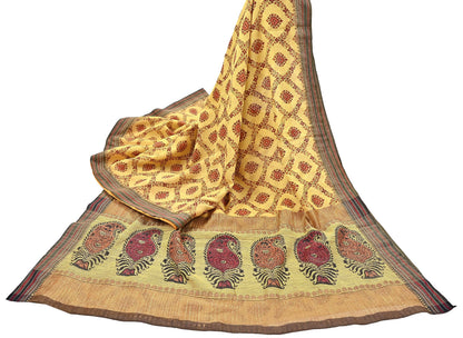 Vintage Yellow Khadi Silk Saree Handloom Pure Silk Printed Fabric 6Yd Indian Ethnic Craft Material Dressmaking Textile