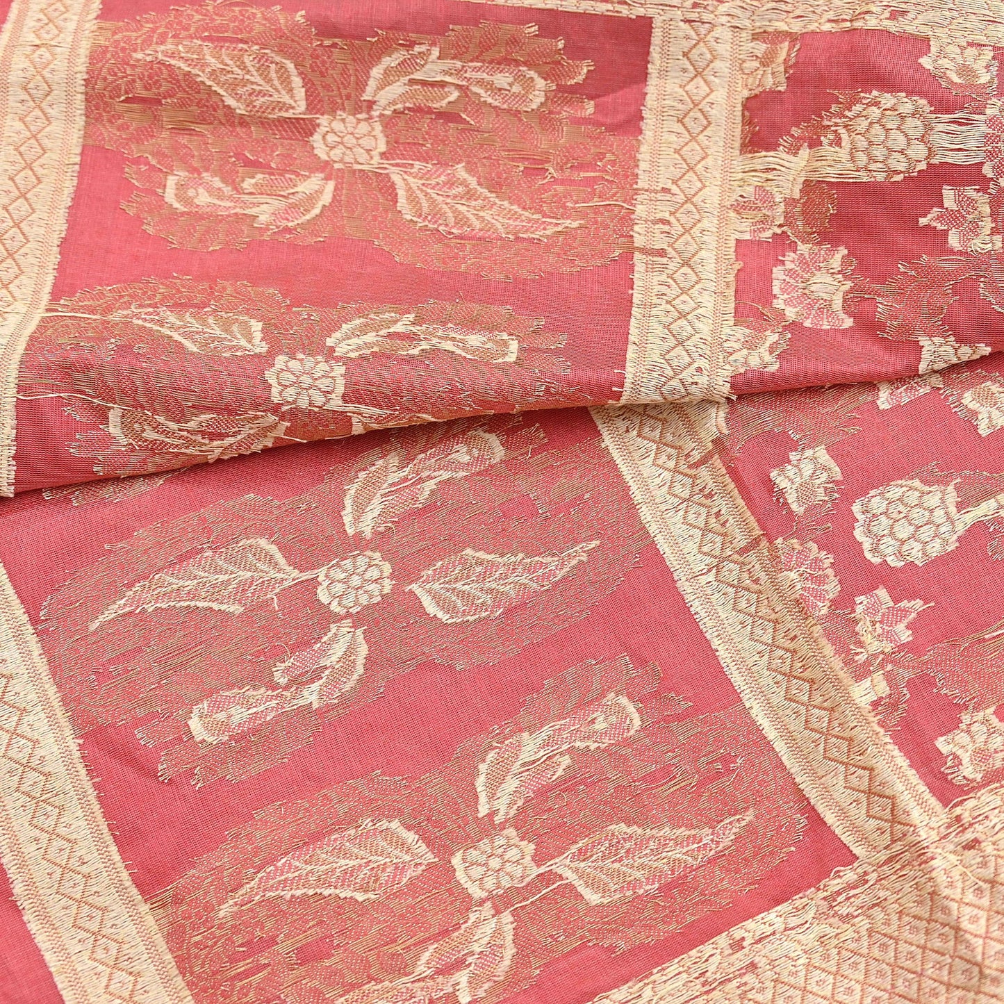 Indian Vintage Peach Dupatta Long Stole Artificial Silk Woven Brocade Scarves Veil Scarf Wrap Hippie Boho Soft Floral Fringes