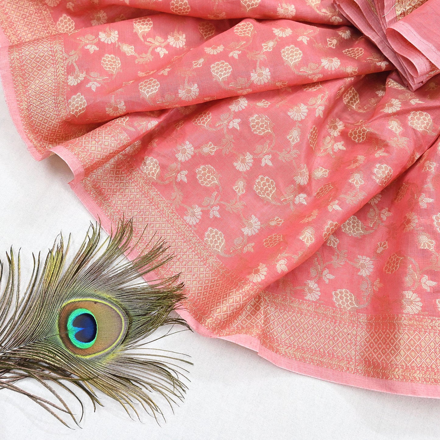 Indian Vintage Peach Dupatta Long Stole Artificial Silk Woven Brocade Scarves Veil Scarf Wrap Hippie Boho Soft Floral Fringes