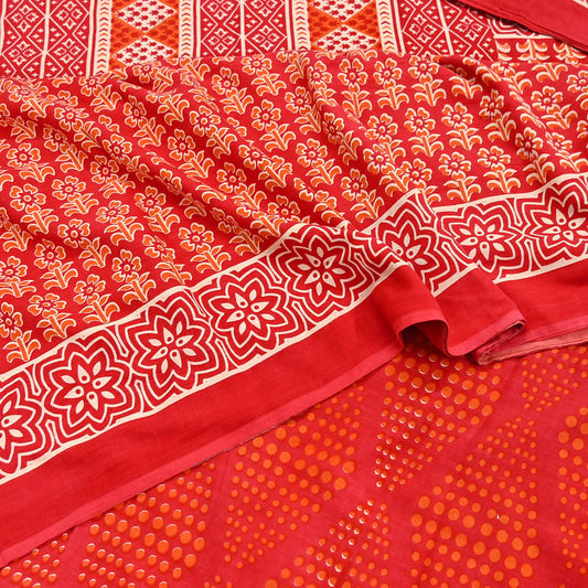 Indian Vintage Red Sarees Pure Cotton Block Printed Sari 5yd Sewing Craft Fabric DressMaking Soft Crafting Quilting Upcycle