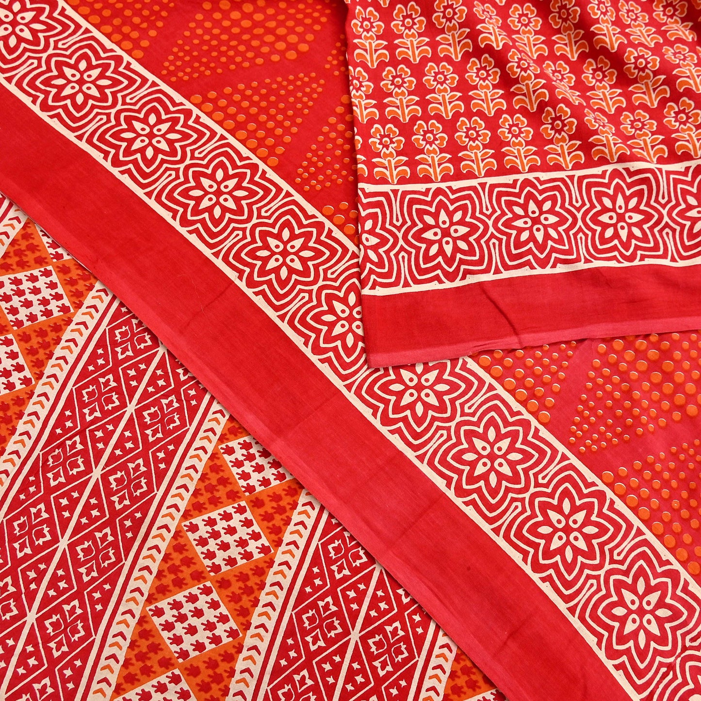 Indian Vintage Red Sarees Pure Cotton Block Printed Sari 5yd Sewing Craft Fabric DressMaking Soft Crafting Quilting Upcycle