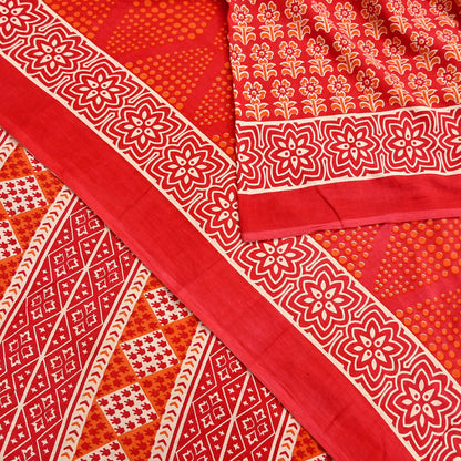Indian Vintage Red Sarees Pure Cotton Block Printed Sari 5yd Sewing Craft Fabric DressMaking Soft Crafting Quilting Upcycle