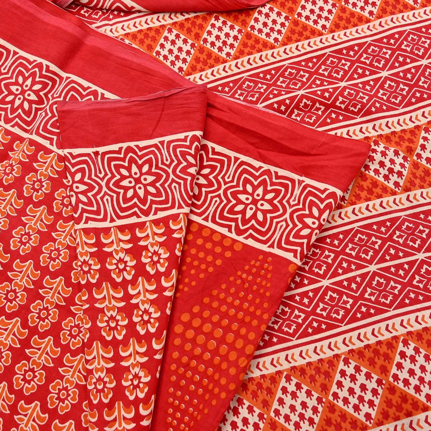 Indian Vintage Red Sarees Pure Cotton Block Printed Sari 5yd Sewing Craft Fabric DressMaking Soft Crafting Quilting Upcycle